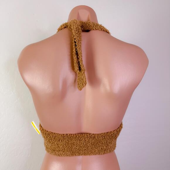 SKIMS Cozy Knit Teddy Tie Open Back Halter Bra Crop Top Camel Lounge Size L NEW - Picture 5 of 12